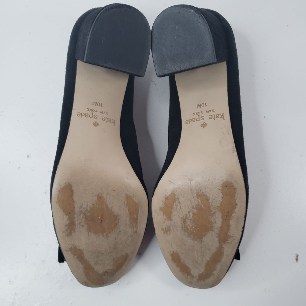 Kate Spade Kiltie Block Heel Pumps Sz 10 Black Suede Slip On Dressy Bow Heels - Picture 8 of 12